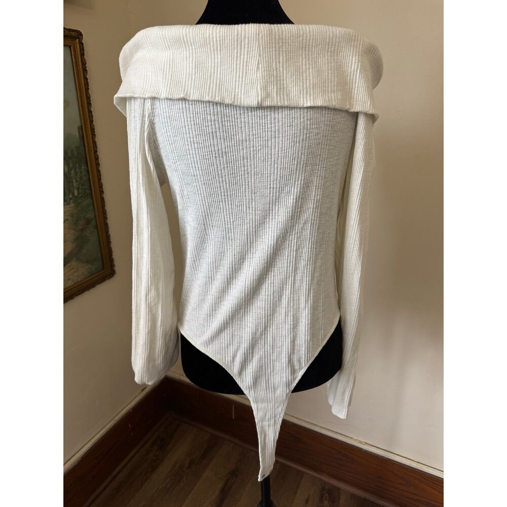 Aerie Off Shoulder Ribbed Bodysuit Cream Waffle Knit Long Sleeve XXL - Picture 3 of 12